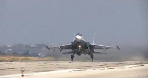 Frame grab shows a military jet of the Russian air force taking off at the Hmeymim air base